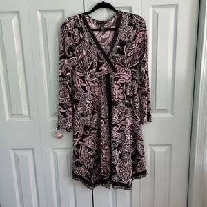 INC Paisley Babydoll Black Purple Midi Dress Lg V-Neck 3/4 Sleeve Retro Hippie